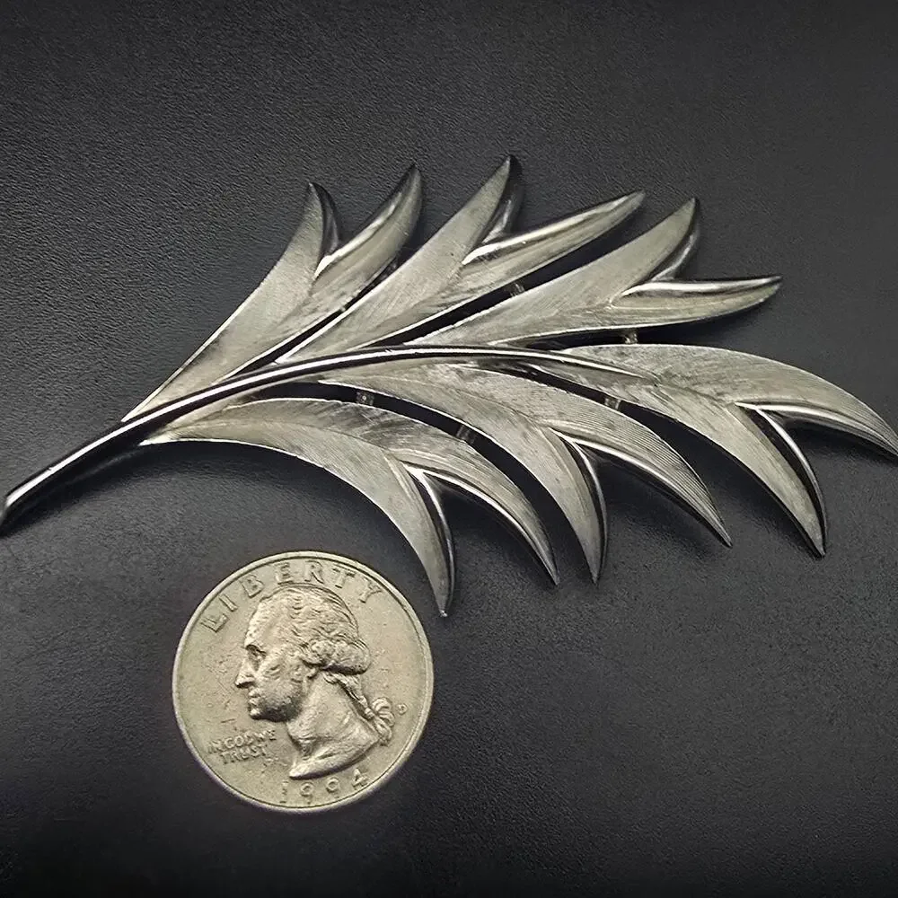 Crown Trifari Silver Tone Leaf Brooch Vintage Costume Jewelry